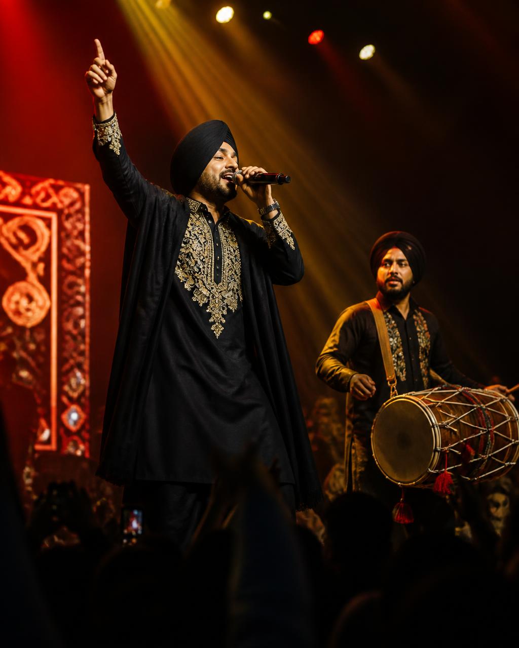 Bollywood vocalist performing live on stage with atmospheric lighting