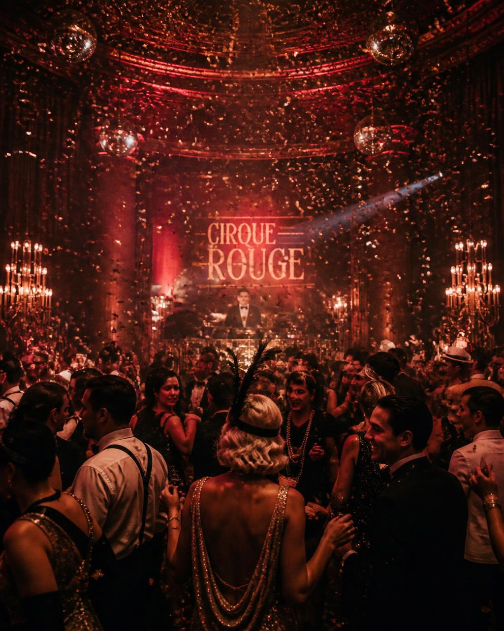 Energetic nightlife crowd dancing under confetti and colourful lights
